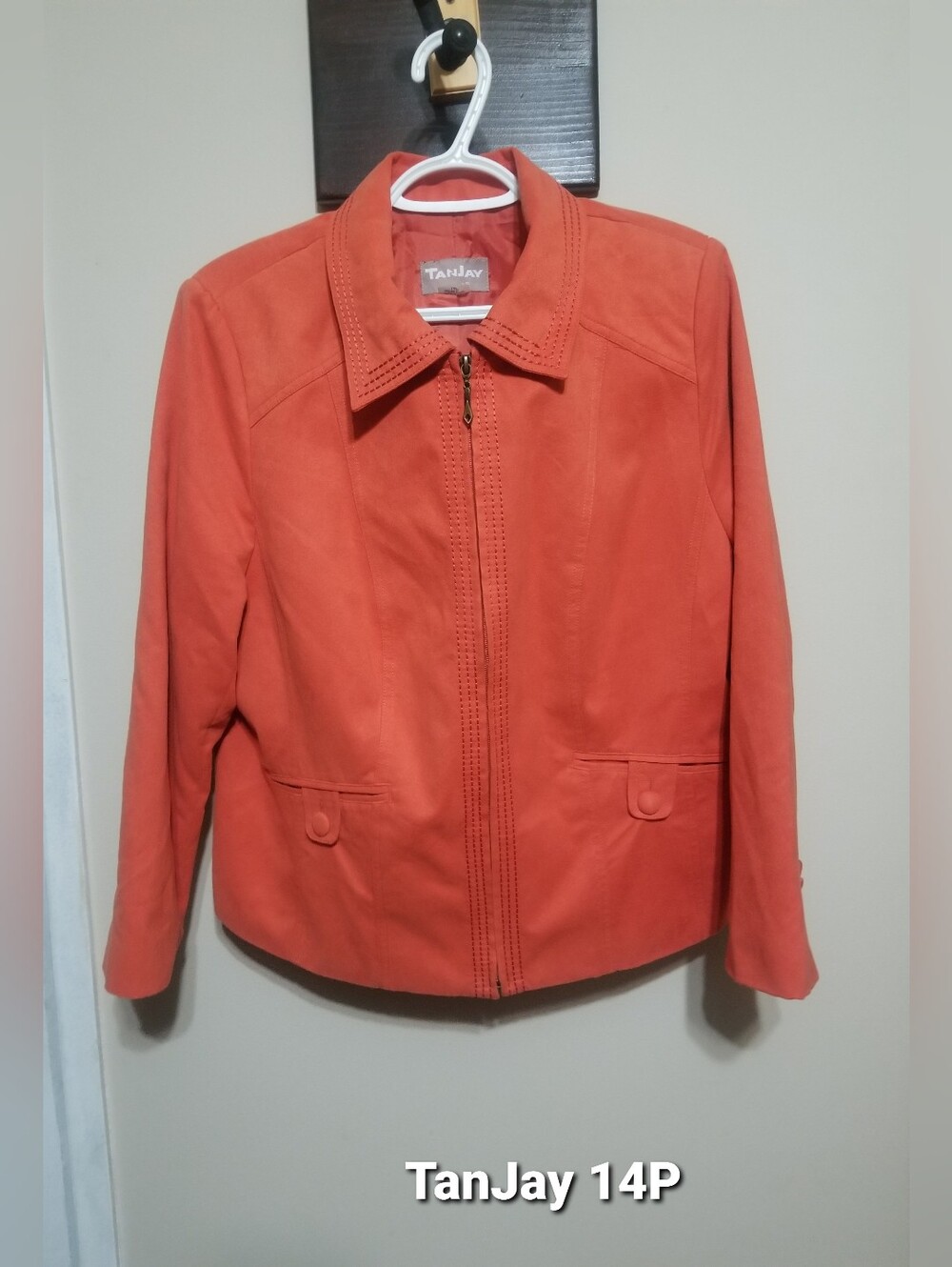 TanJay Orange Zip Jacket Faux Suede Decorative Stitching 14P Blazer